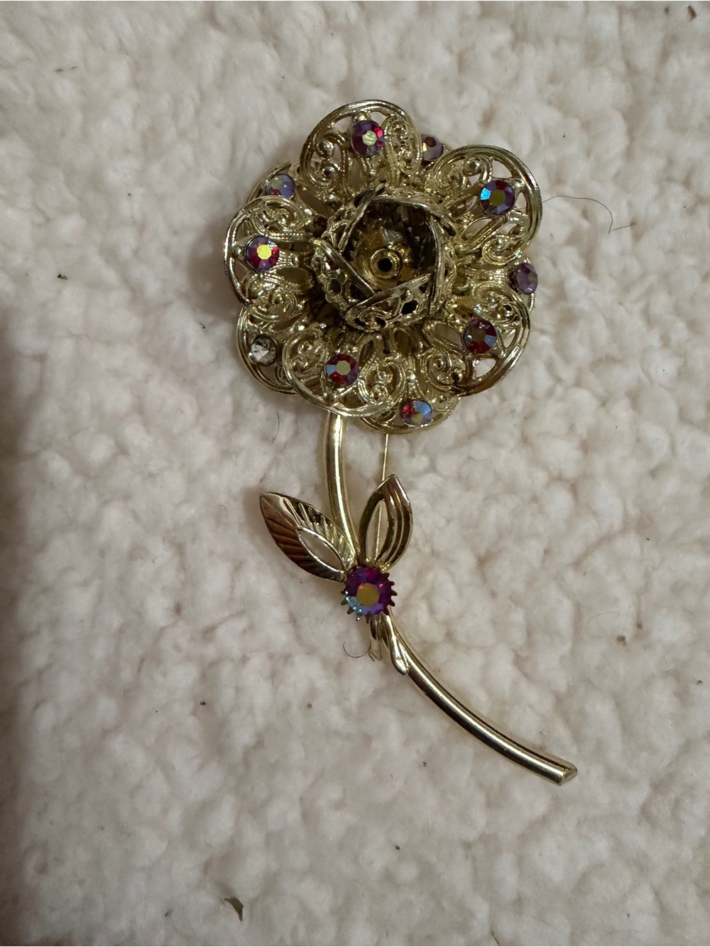 Pink Rose Gold Floral Brooch with Iridescent Pink Accents